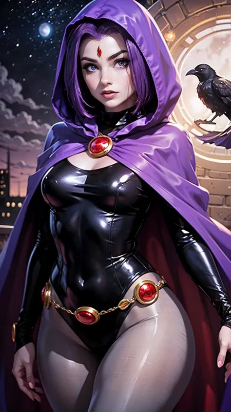 illustration of raven from dc comics, 1 girl, raven, turtleneck, black leotard, black cape, hood, purple hair, forehead jeemel, ...