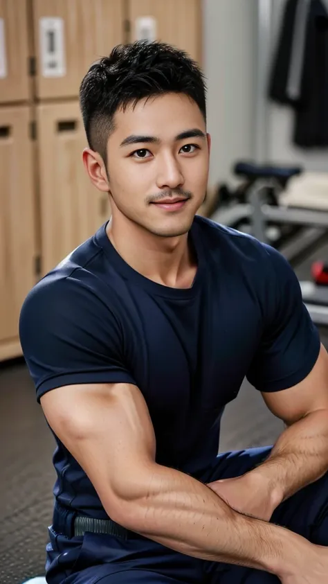 Masterpiece, best quality, high resolution, realistic, handsome, Take beautiful photos, A photo of a 35-year-old Gym Association member sitting on the floor. (The man has a thin mustache.) ,Full body, Portrait, Standing in the locker room, make military me...