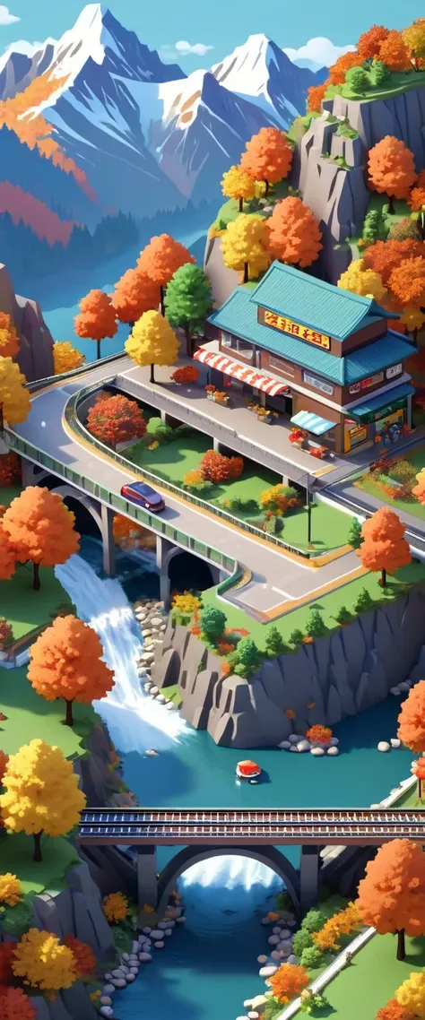 Dreamlike scenery，(Mountains、Fall:1.6)，Around the mountain road，Convenience store，Viaduct，Scenic area rest tables and chairs，river，High-speed rail，track，Isometric Art, 3D Isometric, Isometric pixel art，Simple background，MG_ip