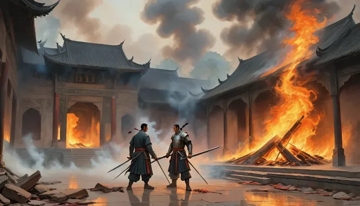 Burning palace. The fire engulfs the walls, smoke spreads across the floor. Liu XuanTian, ​​wounded, holding his sword, stands opposite Lao, who looks at him with cold confidence.