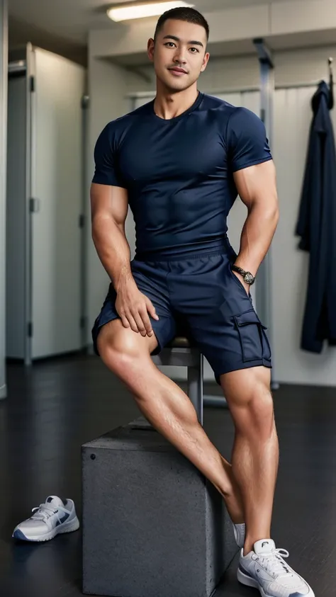 Masterpiece, best quality, high resolution, realistic, handsome, Take beautiful photos, A photo of a 35-year-old Gym Association member sitting on the floor. (The man has a thin mustache.) ,Full body, Portrait, Standing in the locker room, make military me...