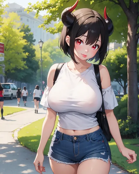 Black hair girl, short hair, cute face, Casual walk in the park, mini jean shorts, tight mini shorts, long stockings, bare shoulders, oversized t-shirt, ((big breasts)), red eyes, (demon horns), cute face, wide waist