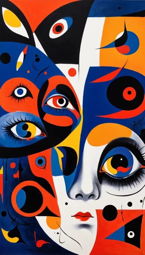 Create a painting in the style of Joan Miró, Element Transformation，Mainly red, orange, Dark Blue, black and white