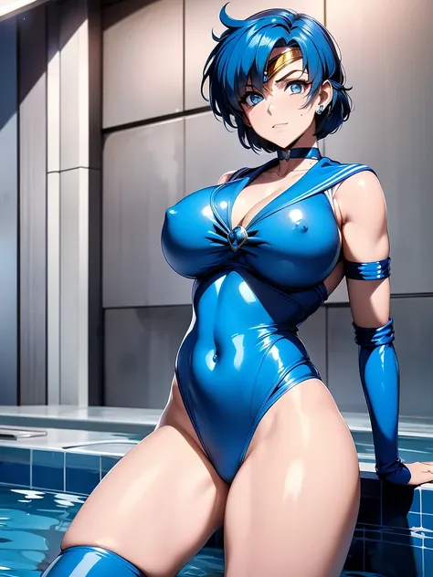 Sailor mercury in full police  suit,long blue hair,Blue Power Ranger, hurricane ,Sexy goth woman big breast, character sheet,inside a pool,High Resolution, Large breasts, 