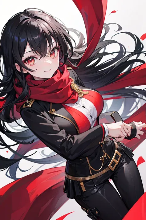 black hair, side tail, portrait, girl, passionate, a powerful smile, golden eyes, red scarf, long back hair, black short sleeve jacket, B cup, Active, 