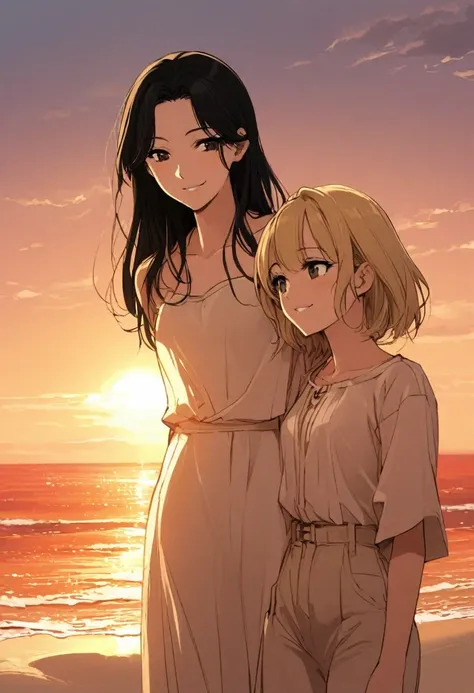 Two young adult South Korean women with height differences. The oldest in her twenty-eight with her black hair and shorter height and the youngest being shorter in her twenty-four with her blonde hair and stunning smile.  Embraced on the shore between sand...