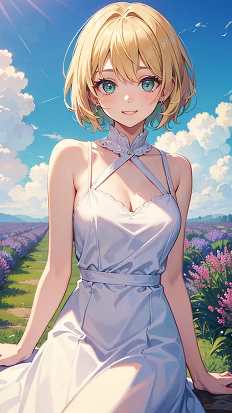 (masterpiece, best quality:1.3), 1 girl, solo, teenager,(top quality eyes:1.3),An 18-year-old girl with short pixie-cut blonde hair and emerald green eyes, wearing a simple white dress, smiling in a vibrant lavender field with bright blue skies,