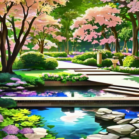 Create a landscaping project, with a small crystal clear lake with stone edges, a pedal walkway, a deck with wooden benches, a wooden pergola cover, broadleaf plants, flowers, a purple flowering tree, another tree with yellow flowers, a third tree with p...