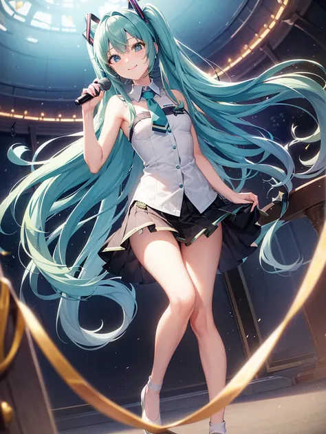 ( Absurd , high quality , Super detailed, Watch your hands,Pay attention to your legs,The number of fingers on the hand is 5 )One girl,Hatsune Miku,The physique is thin,Small breasts,服装はHatsune Mikuの服,The location is in the park,Holding the microphone in y...