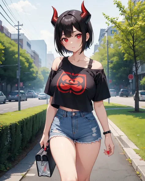 Black hair girl, short hair, cute face, Casual walk in the park, mini jean shorts, tight mini shorts, long stockings, bare shoulders, oversized t-shirt, ((big breasts)), red eyes, (demon horns), cute face, wide waist, tight long stockings, white cropped t-...