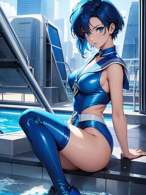 Sailor mercury in full police  suit,long blue hair,Blue Power Ranger, hurricane ,Sexy goth woman big breast, character sheet,inside a pool,High Resolution, Large breasts, 