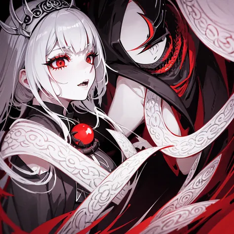 white-haired anime girl and Dark dragon, red eyes, intricate black headdress, pale skin, close-up portrait, side profile, ethereal expression,  head, scales, fierce yellow eye, Gothic fantasy theme. Monochromatic color palette with red accents, Digital art...