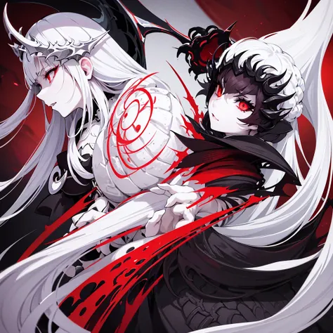 white-haired anime girl and Dark dragon, red eyes, intricate black headdress, pale skin, close-up portrait, side profile, ethereal expression,  head, scales, fierce yellow eye, Gothic fantasy theme. Monochromatic color palette with red accents, Digital art...