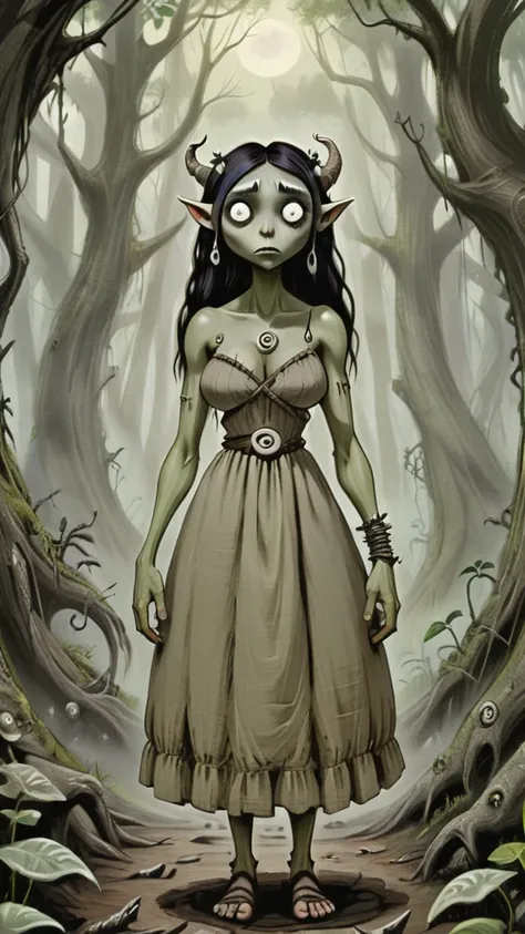 Young orc woman, steps into a Tim Burton-inspired forest. Each twist and turn reveals new wonders and peculiar creatures with anime eyes and Burtonesque charm. Orc woman has giant breasts and wears dirty linen dress, bone jewelry, forest, a blend of anime ...