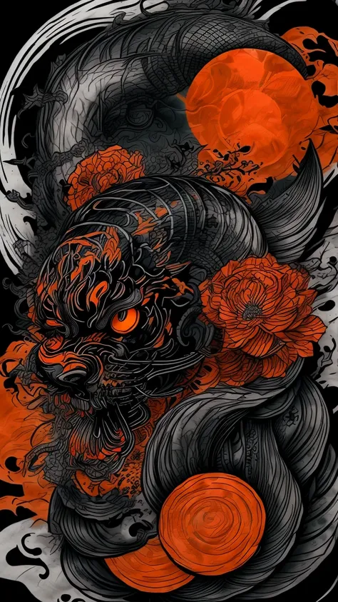 Black and gray realistic tattoo art of tiger with (((orange eyes))) with sakura petal effect ,he is with open mouth looking very fierce and angry, the background is Japanese wave tattoo, (Unity 16K Wallpaper, masterpiece, Best Quality, high quality, Ultra-...