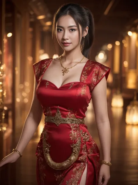 best quality, Masterpiece, height, 1 girl,Chinese dress,The dress is very short, showing off the beautiful proportions.,Big Breasts,little smile, Hold your head high, decorationsผม,necklace, decorations,Beautiful face,when_body, Tyndall Effect,realistic, d...