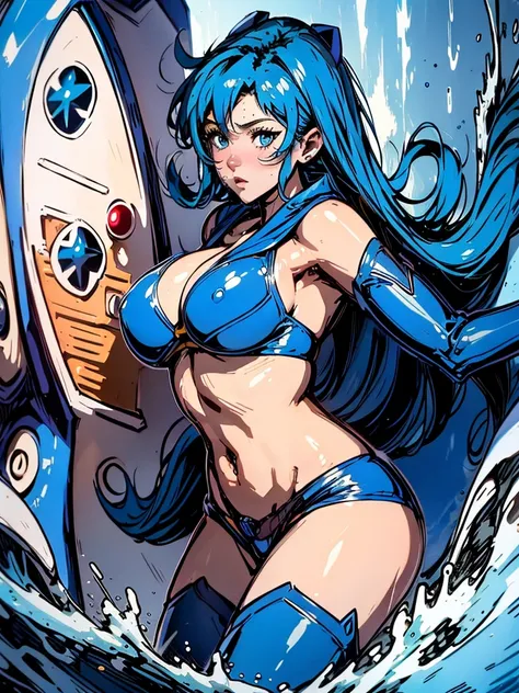 Sailor mercury in full police  suit,long blue hair,Blue Power Ranger, hurricane ,Sexy goth woman big breast, character sheet,inside a pool,High Resolution, Large breasts, 