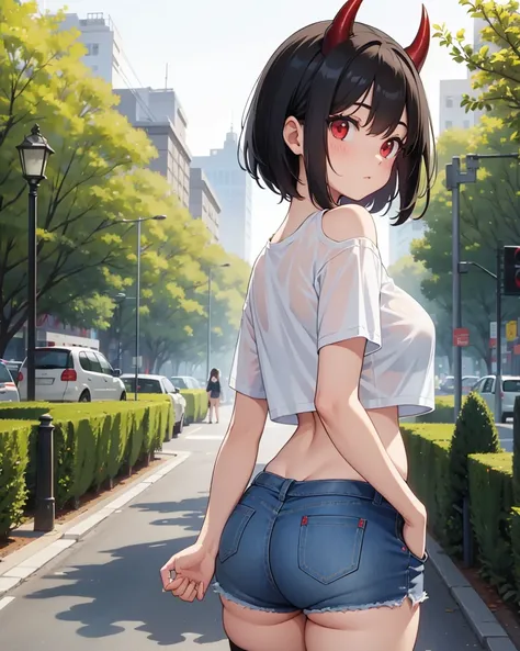 Black hair girl, short hair, cute face, Casual walk in the park, mini jean shorts, tight mini shorts, long stockings, bare shoulders, oversized t-shirt, ((big breasts)), red eyes, (demon horns), cute face, wide waist, tight long stockings, white cropped t-...