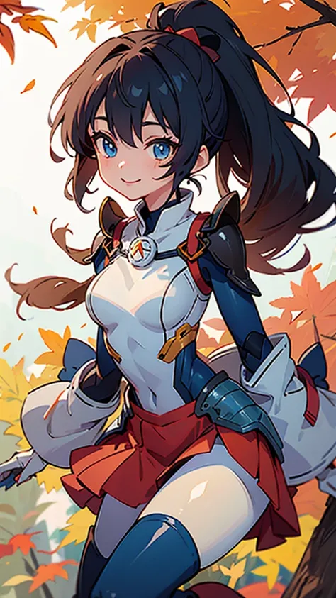 One girl、alone、Anime-style paintings、Sparkling Blue Eyes、Black Hair、ponytail、armor、Blue bodysuit、boots、Fits perfectly to the skin、skirt、thigh boots、Knee socks、Upper body close-up、smile、邪悪なsmile、Perfect lighting、Autumnal leaves々、Momiji Park、Background Blur,...