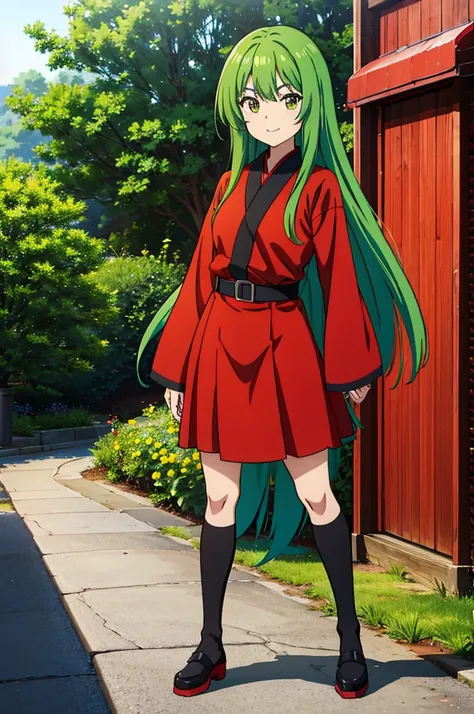 1 girl, green hair, red dress and rok, cute girl, eyes black, looking at viewer, smile, standing up, outdoors, anime style, standing photo pose, smiling, both hands down, black belt, anime style, cut, long hair