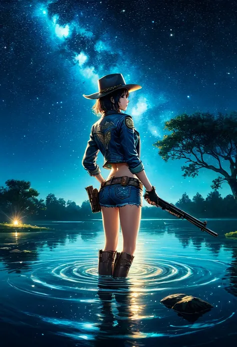 (Pond in the Milky Way), (panoramic:1.4), (Beautiful pond in Interstellar Darkness), Starlight lit up the pond, (1girl)，(Wearing western denim outfits)，(Cyberpunk denim clothing)，Future Tech Cowboy Bebop, shimmering under the moonlight, Hold a gun in both ...