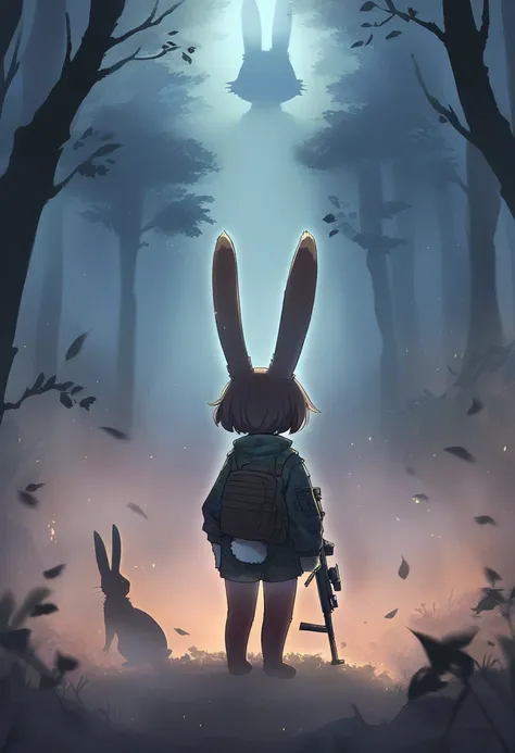 ((Masterpiece)), ((Best Quality)), (Very Detailed), ((Very Detailed)), 4K, (8K), very aesthetic, absurdres highres, 1 girl, (anthropomorphic rabbit, furry, kemono:1.8), A sniper in a camouflage uniform is holding a rifle in the fog, his eyes are sharp and ...