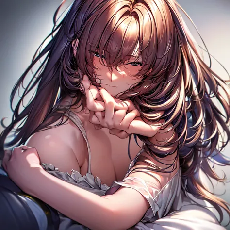 (extremely detailed 8k wallpaper)+,Messy Hair,Holding his head with a satisfied look on his face,One girl,alone, Complex, Attention to detail, dramatic, Top quality masterpiece, Realistic, detailed, 8k, High resolution, Backlight, bloom, The light shines, ...