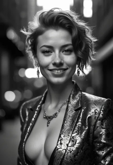 Ultra detailed, intricate detail, cinematic photo. intense backlight. Chiaroscuro. Beautiful face, intricate. Night in new york. Black and white, b&w, golden hour. Award winning monochromatic photograph in extreme low angle full body portrait of shy smile,...