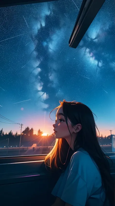 train,  Sit by the window,  high quality、T-Shirts, Stargazing, His head was stuck in the glass, Put on your headphones, Scenery passing by at high speed, Night Travel, Beautiful starry sky, beautiful girl, UHD Portrait, (, colorful, Long hair in color 🌈