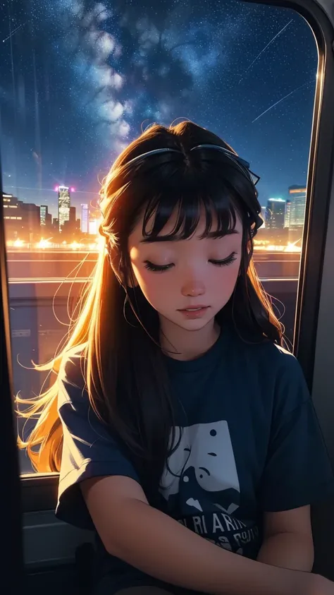 train,  Sit by the window,  high quality、T-Shirts, Stargazing, His head was stuck in the glass, Put on your headphones, Scenery passing by at high speed, Night Travel, Beautiful starry sky, beautiful girl, UHD Portrait, (, colorful, Long hair in color 🌈