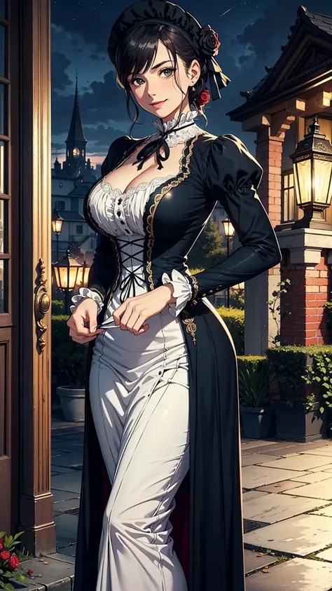 Woman, elegant,(Victorian dress:1.2), (narrow waist), blushing, official art, detail face, cg,looking at viewer, (standing),midnight,large breast, smile, victorian era, outdoors