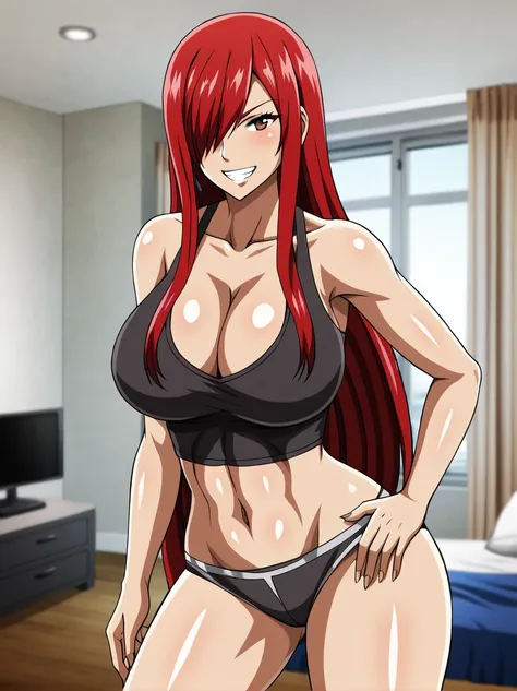 Erza,  red hair, navel,  crop top, , tank top, collarbone, 1girl, bare shoulders, midriff,cleavage, hair over one eye, large breasts, underwear, long hair,animerza,
 looking at viewer,  grin, brown eyes
,masterpiece, best quality, room, big breasts, cleava...