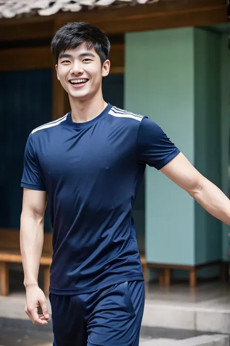 Korean man, Inspiration from Peng Yuyan, 23 years old, Korean muscular man ，The computer room is in the back, tight sports t-shirts, navy blue., open mouth smile