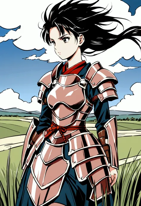 a female samurai in armor, traveling on a windy journey. she has a determined expression, with her hair blowing in the wind. her...