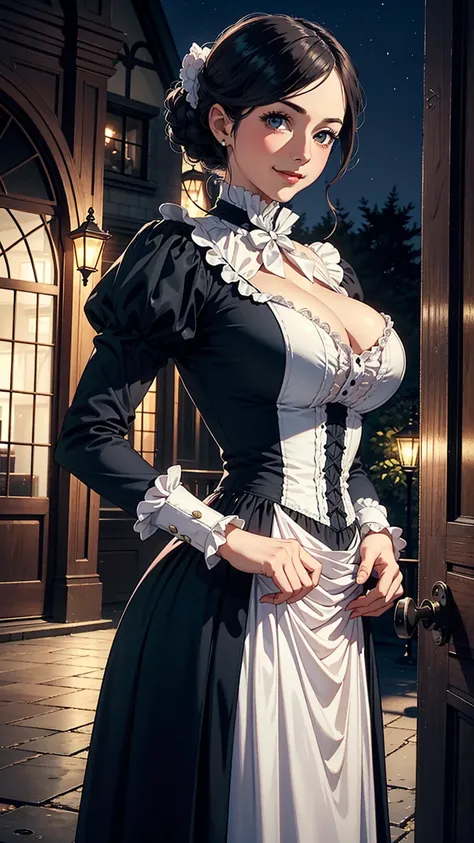 Woman, elegant,(Victorian dress:1.2), (narrow waist), blushing, official art, detail face, cg,looking at viewer, (standing),midnight,large breast, smile, victorian era, outdoors, upper body