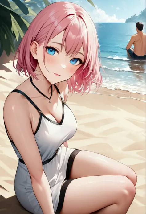 Highest quality, expensive_solve, clear_image, Detailed Background ，Man sitting on the beach々、Pink haired woman、blue eyes