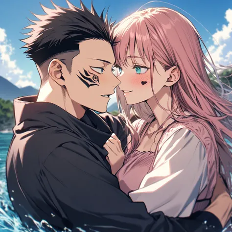 1girl, 1boy, hetero, long_hair, outdoors, dress, day, sky, blue_eyes, black_shirt, facial_mark, tattoo, couple, smile, blue_sky, undercut, half-closed_eyes, jacket, looking_at_another, pink_hair, short_hair, shirt, spiked_hair, white_hair, pink_dress, extr...