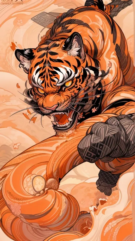 Black and gray realistic tattoo art of tiger with (((orange eyes))) with pink sakura petal effect ,he is with open mouth looking very fierce and angry, the background is Japanese wave tattoo, (Unity 16K Wallpaper, masterpiece, Best Quality, high quality, U...