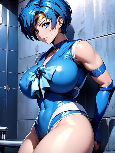 Sailor mercury in full police  suit,long blue hair,Blue Power Ranger, hurricane ,Sexy goth woman big breast, character sheet,inside a pool,High Resolution, Large breasts, 