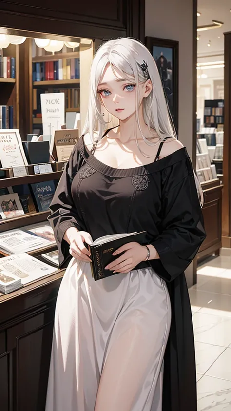 A beautiful girl with white hair and violet eyes standing in a bookstore magazine section, holding a magazine and flipping through the pages with great interest, her lovely figure illuminated by the soft lighting of the store as nearby customers glance at ...