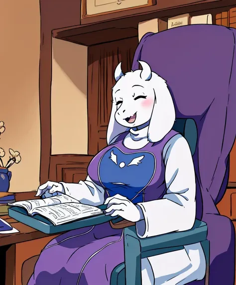 toriel, 1girl, book, chair, closed_eyes, furry, furry_female, goat_ears, goat_girl, indoors, open_mouth, smile, solo