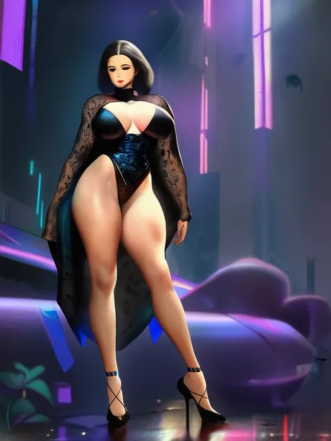 gigantic voluptuous old, thin waist,( whole body), toned, a person in a fine black lace robe, arte cyberpunk , trend on CGsociety,  Light rays, rays of god, muscular, realist, old, sexy legs, black high heel shoes