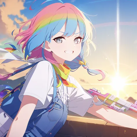 Clear for content(((masterpiece))), (((best quality))),(((high detail))),(blue achive),rainbow haired girp,16 years old,long tiwintails with big white ribbons,shooting a rainbow gun,white eyed,agressive smile,casual outfits,rainbow,lively color,sky backgro...