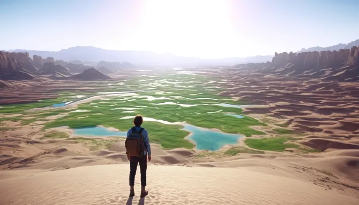 view from the back of an exhausted traveler in the desert standing on a hill and looking at a picturesque oasis, cinematic style, future digital art