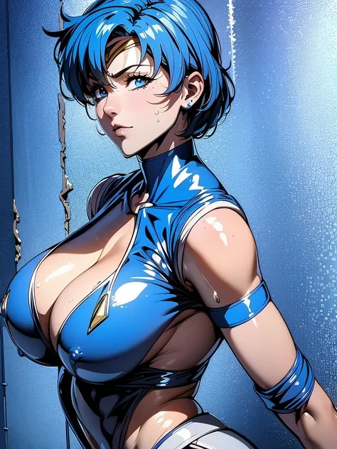 Sailor mercury in full police  suit,long blue hair,Blue Power Ranger, hurricane ,Sexy goth woman big breast, character sheet,inside a pool,High Resolution, Large breasts, 