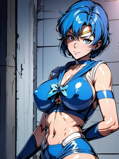 Sailor mercury in full police  suit,long blue hair,Blue Power Ranger, hurricane ,Sexy goth woman big breast, character sheet,inside a pool,High Resolution, Large breasts, 