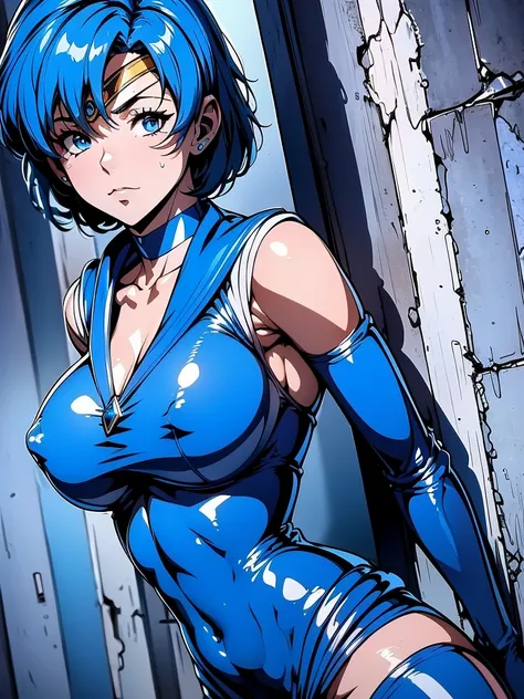 Sailor mercury in full police  suit,long blue hair,Blue Power Ranger, hurricane ,Sexy goth woman big breast, character sheet,inside a pool,High Resolution, Large breasts, 