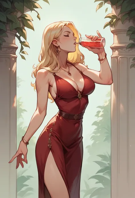 a beautiful blonde, realisitic, with big and sexy breasts, drinking whey protein in a burgundy dress with some openings on the sides