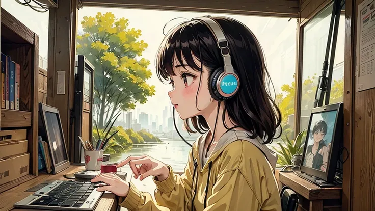 かわいいgirlの部屋, girl, 80s anime style, I have headphones on, Wet day, Retro, Lo-Fi,detailed,Perfect Fingers,masterpiece,It&#39;s raining outside