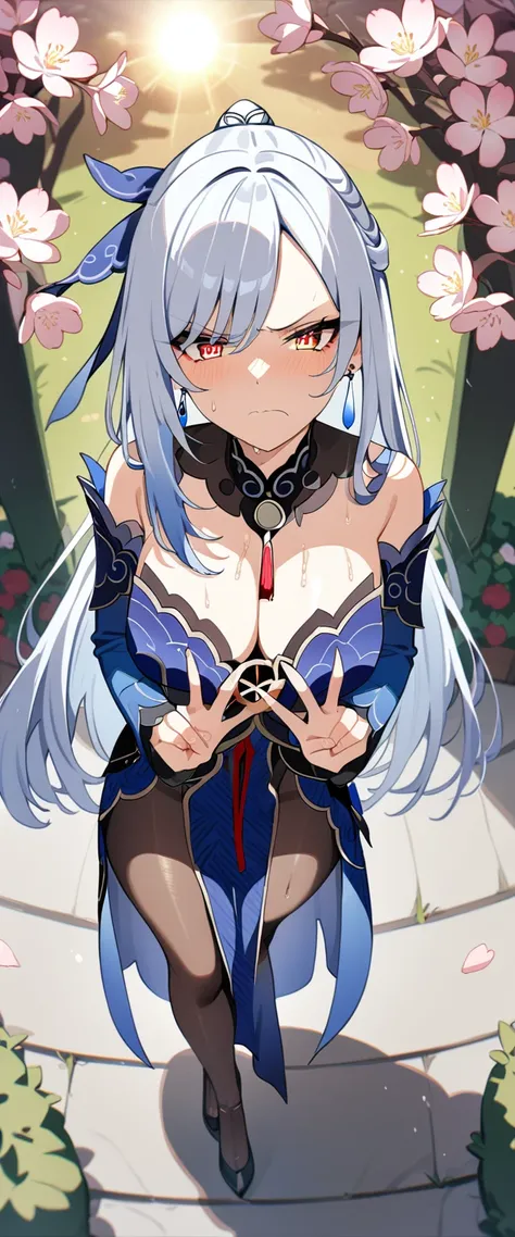 (masterpiece:1.37), best quality, (extremely detailed:1.37), (1girl:1.5), woman, (mature:1.5), (adult:1.5), jingliu, white hair, long hair, ponytail, hair ribbon, red eyes, earrings, jewelry, dress, pantyhose, (pelvic curtain:1.5), (extremely detailed eyes...